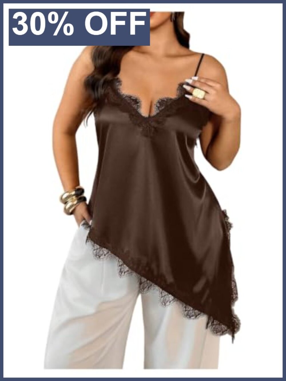 Plus Size Satin Lace Cami Top Spaghetti Strap Asymmetrical Silky Camisole